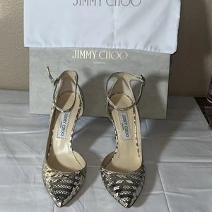 Jimmy Choo Women's Lucy 100 Striped Metallic Python Heels In Original Box